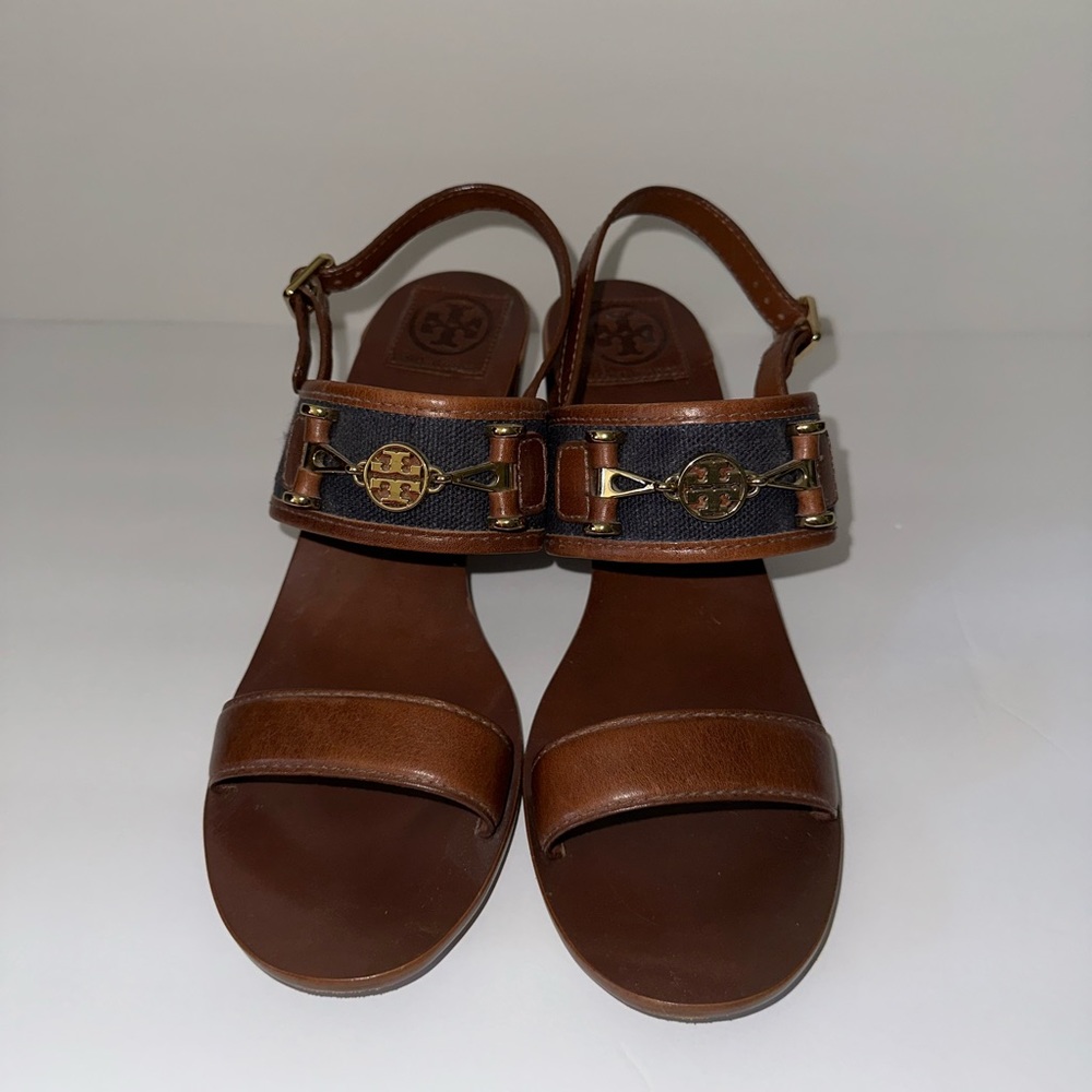 Tory Burch Block Heel Sandal - Brown with Navy Strap and Logo Size 9